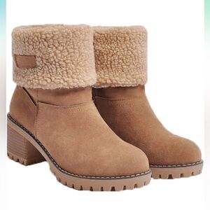 Warm Short Boots Women's Winter Snow Fleece Suede Chunky Mid Heel NWOT